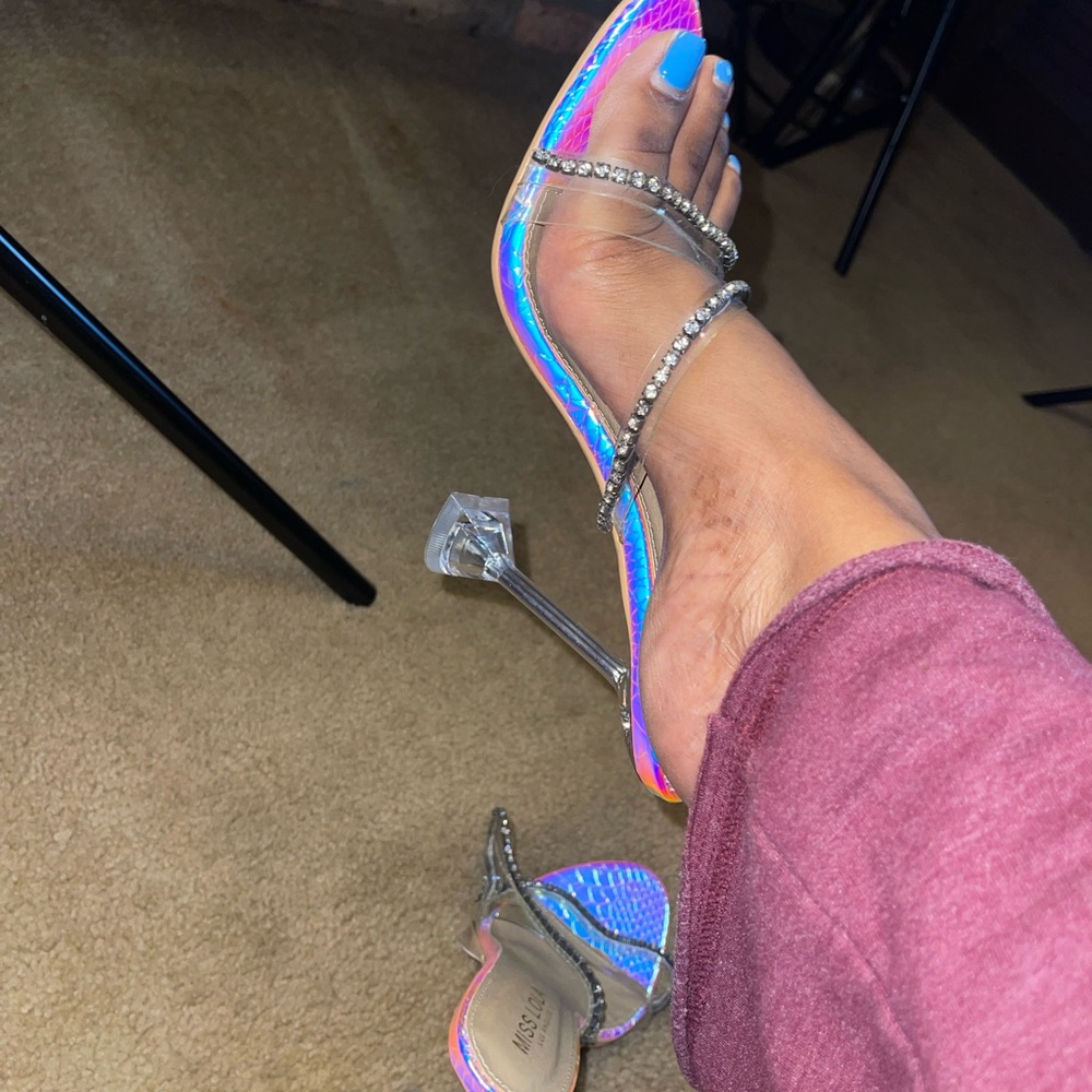 Miss Lola Iridescent Blue Heels with Rhinestone Straps - Picture 6 of 6